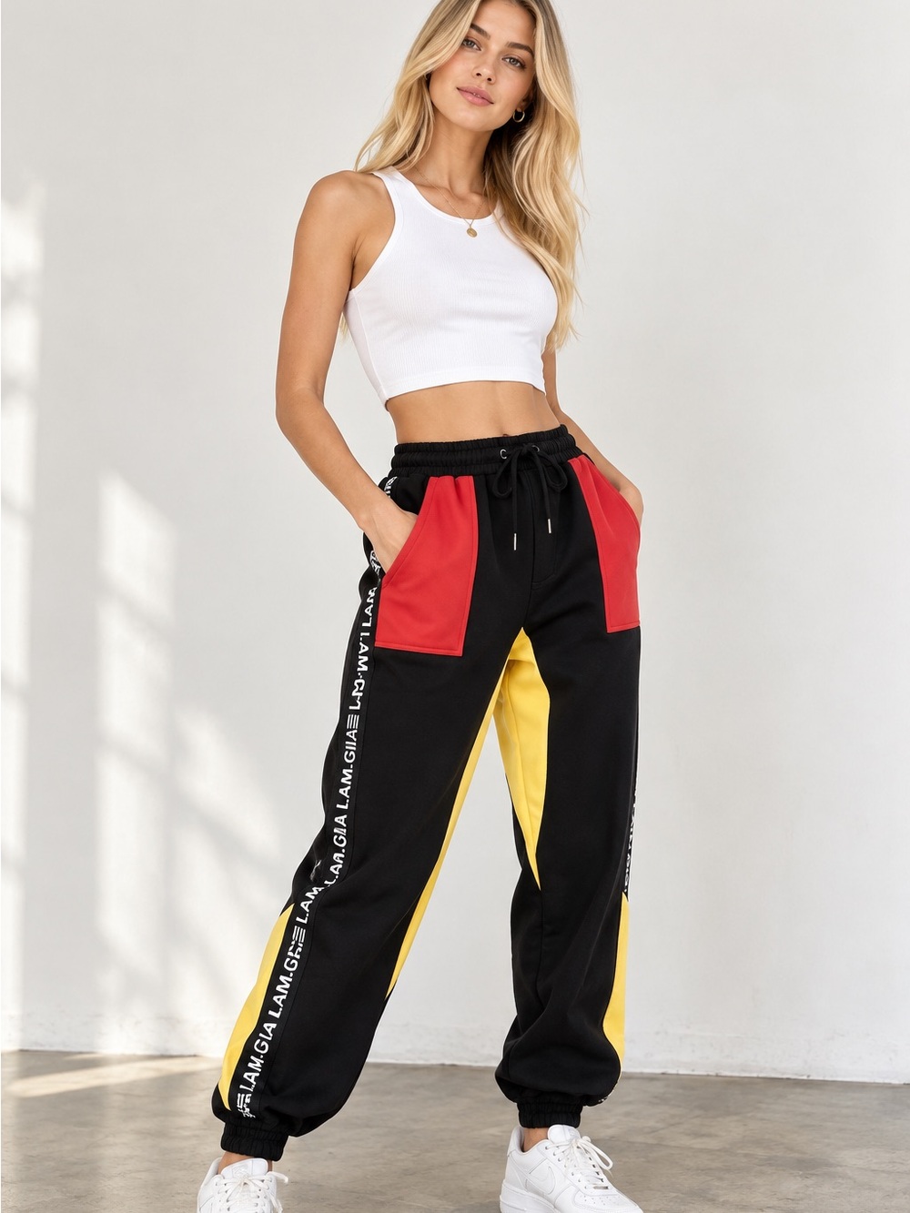 I.AM.GIA Blaster Colorblock Fleece Joggers Black Red Yellow Sz Small